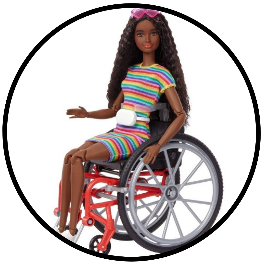 Barbie doll with deep skin tone and wavy brown hair sitting in a red wheelchair